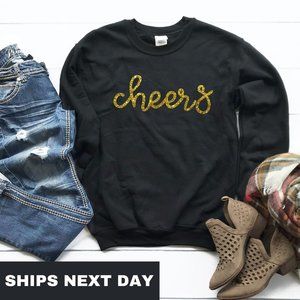 NEW Womens Gold Glitter New Year Cheers Sweatshirt